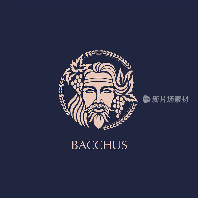 Man face  with grape berries and leaves. Bacchus or Dionysus. A style for winemakers or brewers.